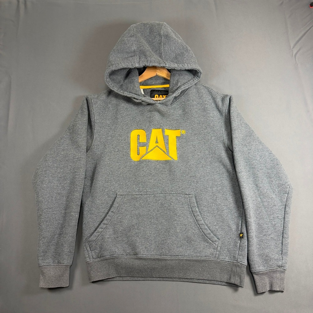 CAT Logo Graphic Hoodie Gray Yellow Pullover Sweatshirt Men's Size S Cotton